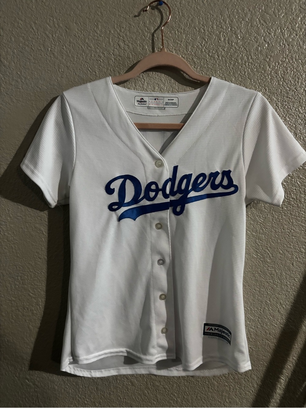Majestic White Dodgers Women's Button-Front Jersey with Blue Script